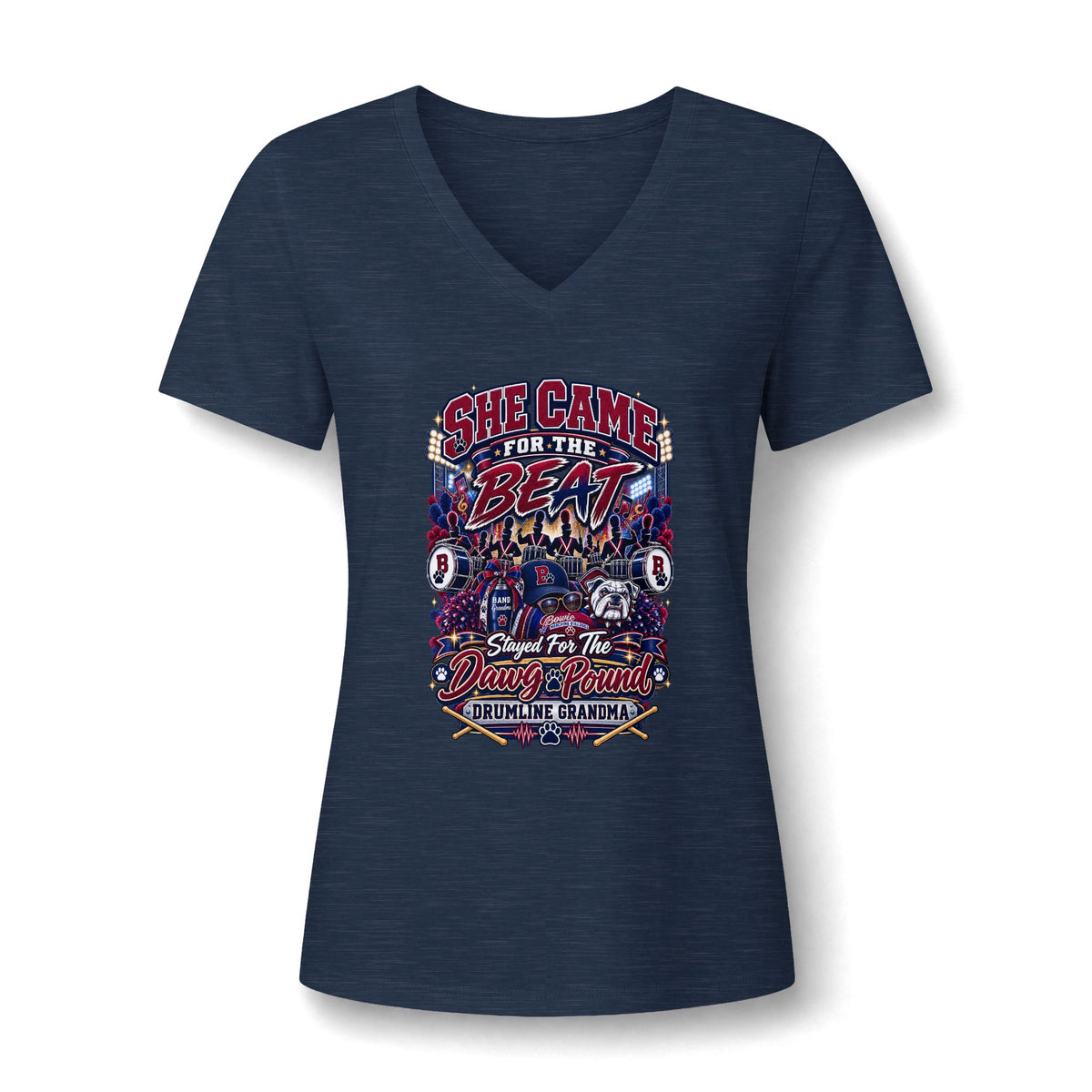 She Came for the Beat V-Neck Tee – Drumline Grandma Music Festival Shirt