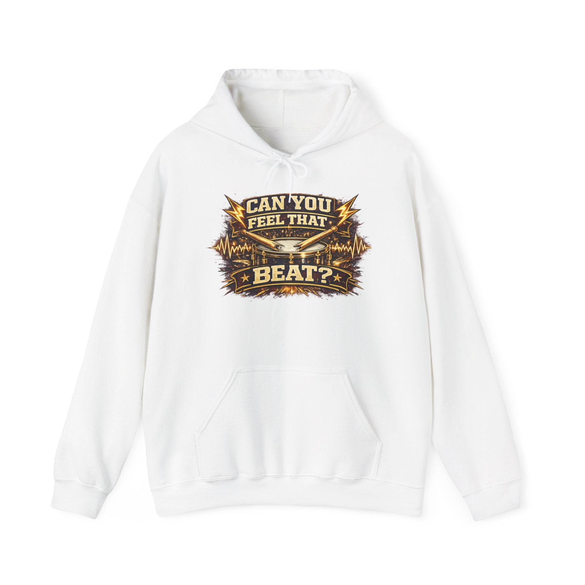 Can You Feel That Beat? Hoodie – Retro Drum & Music Graphic Pullover