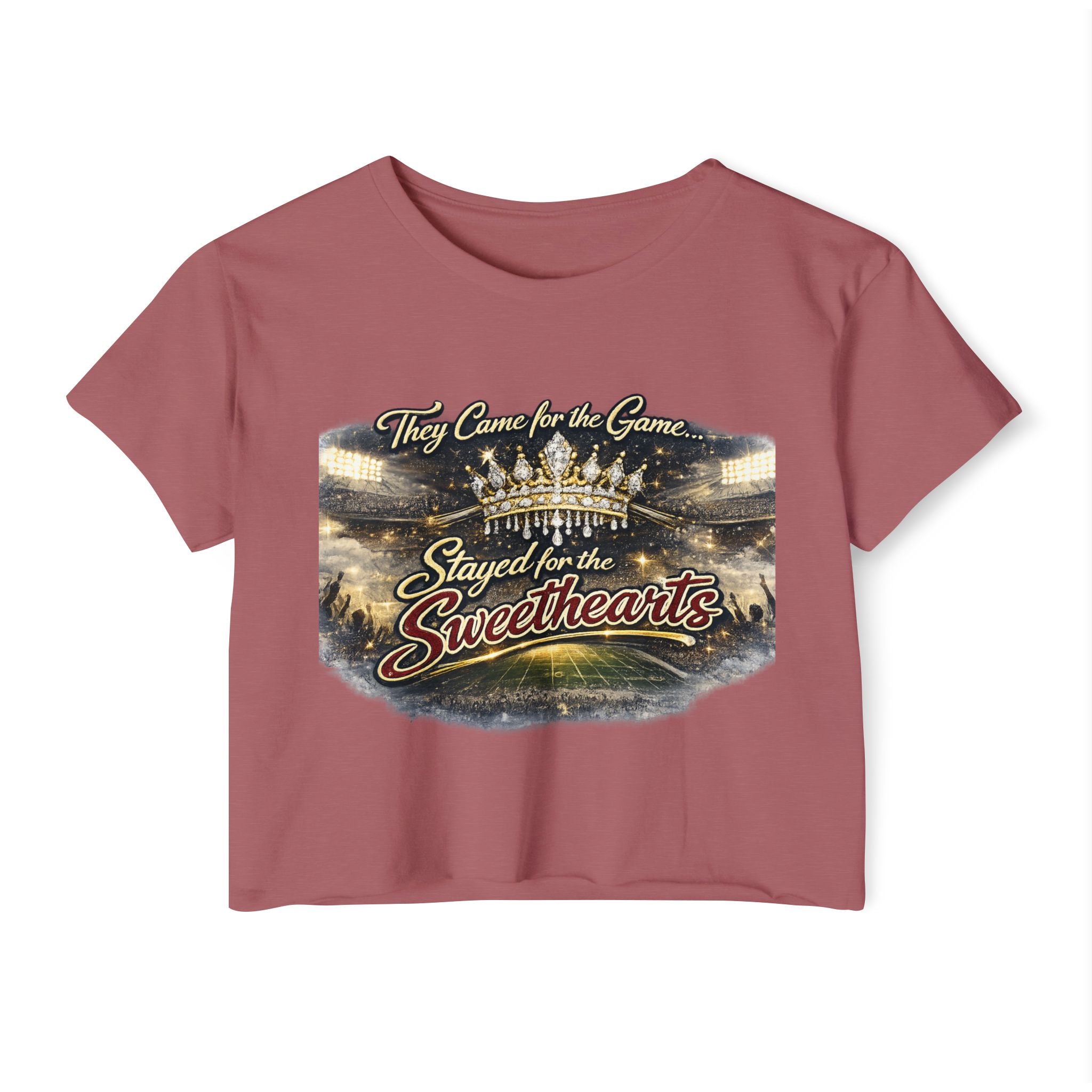 Women's Festival Crop Top — "They Came for the Game, Stayed for the Sweethearts" Crown Graphic