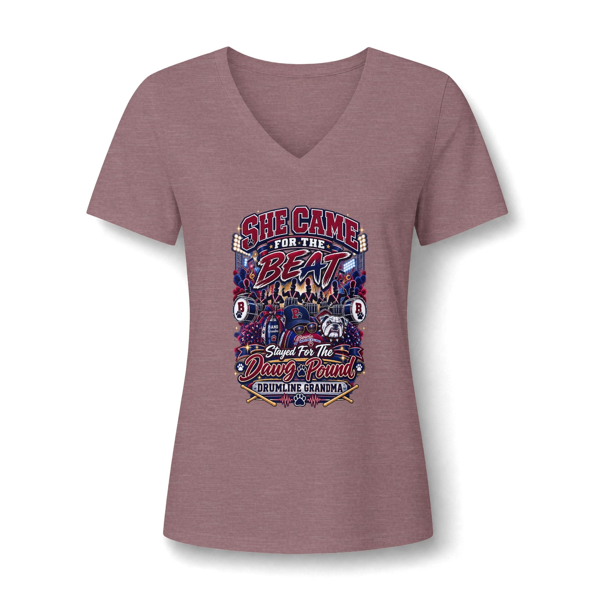 She Came for the Beat V-Neck Tee – Drumline Grandma Music Festival Shirt