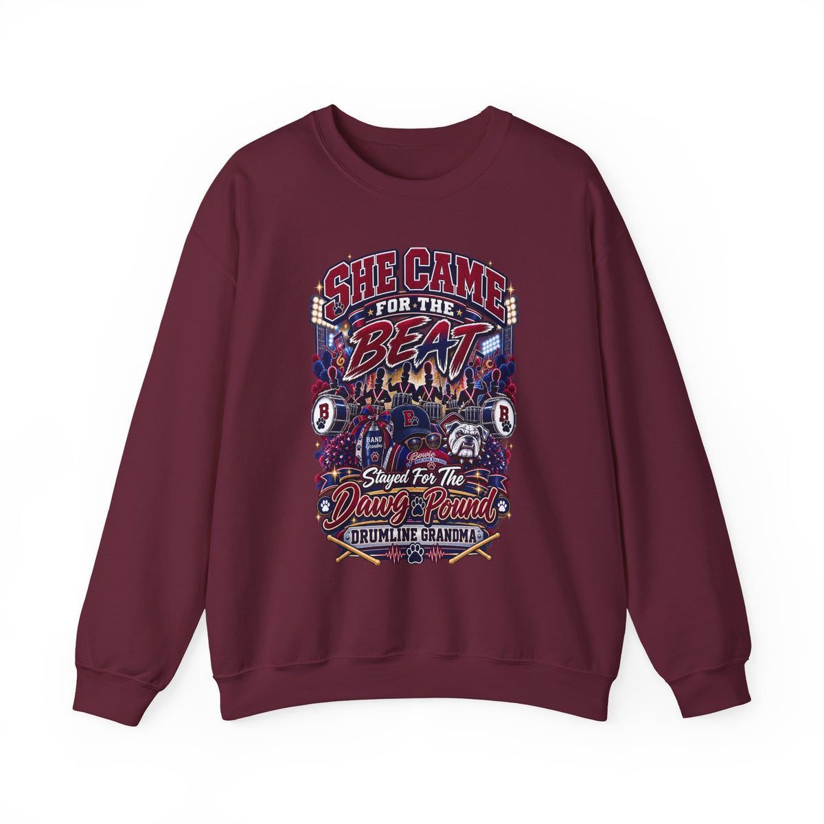 She Came for the Beat Crewneck Sweatshirt — Funny Drumline Grandma Graphic Pullover