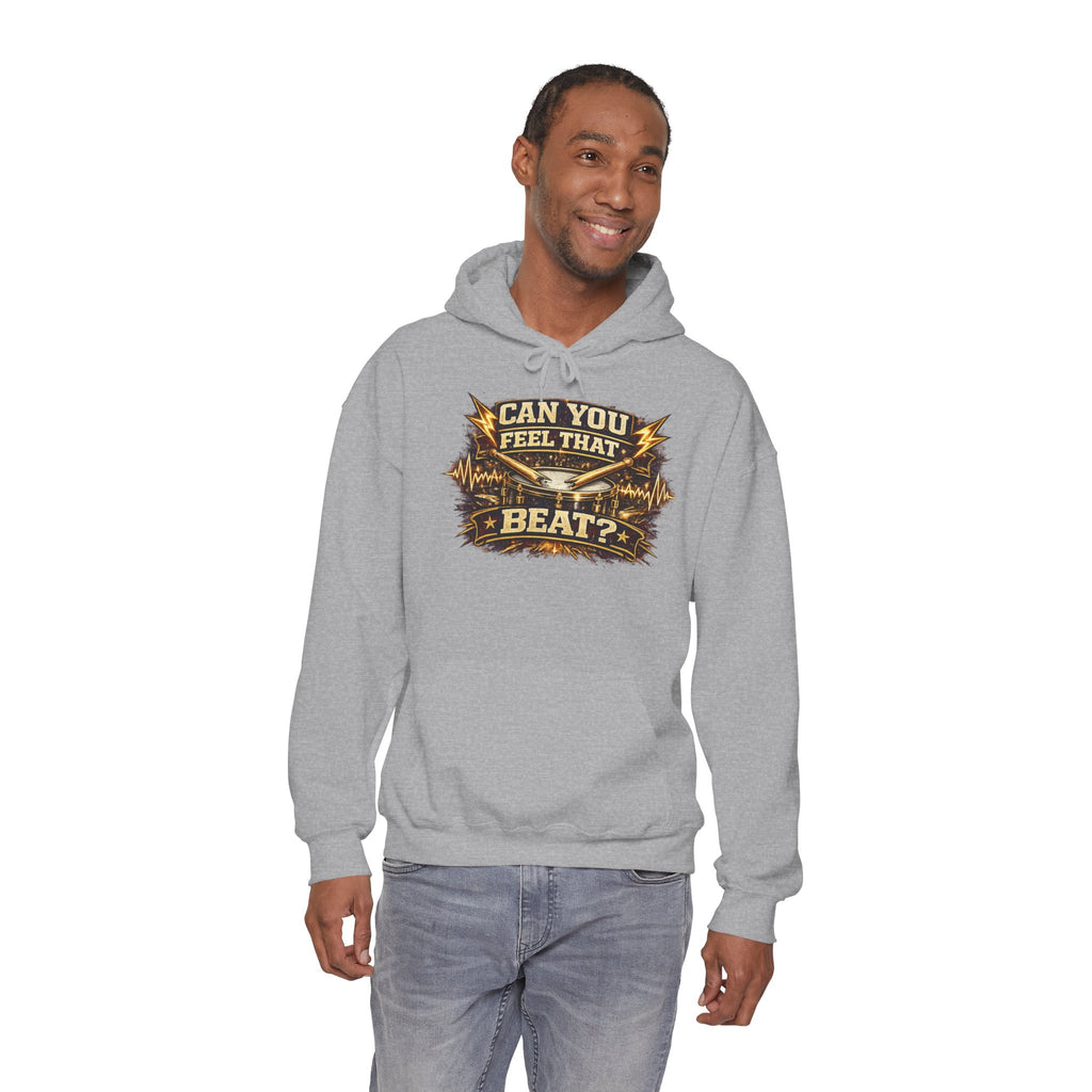 Can You Feel That Beat? Hoodie – Retro Drum & Music Graphic Pullover
