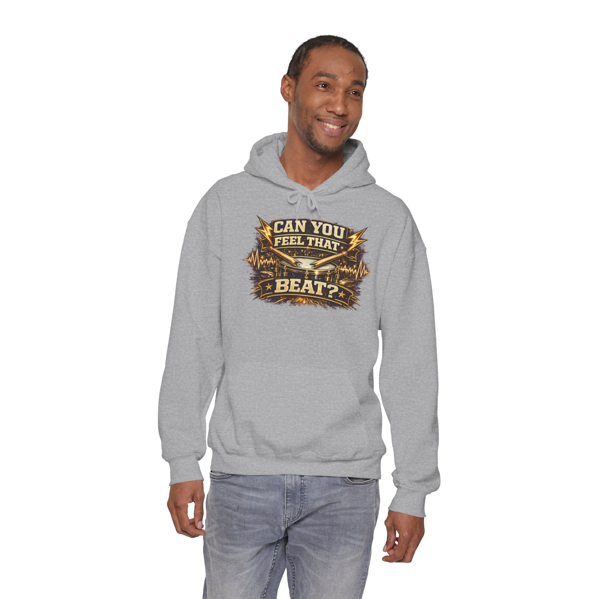 Can You Feel That Beat? Hoodie – Retro Drum & Music Graphic Pullover