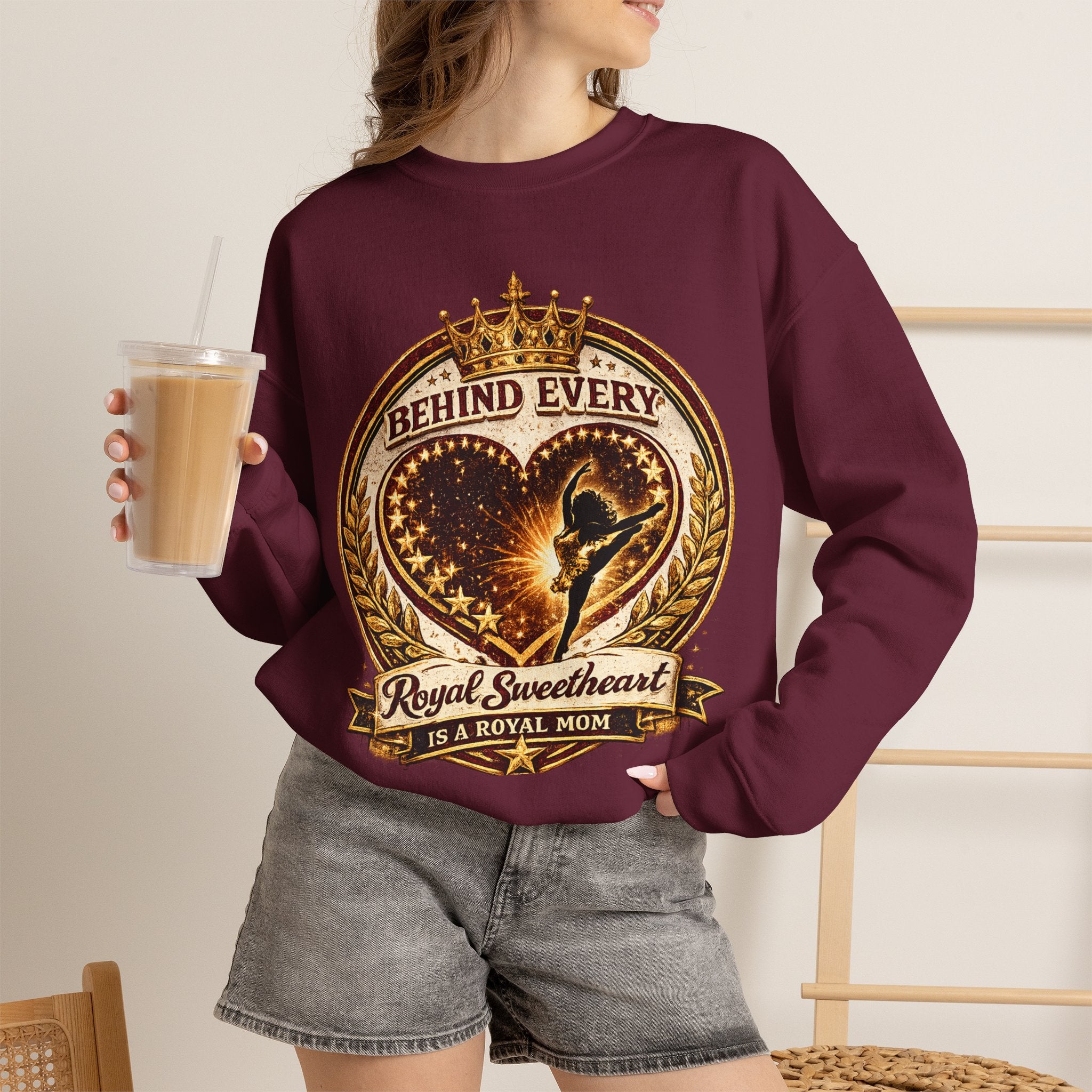 Crewneck Sweatshirt — "Behind Every Royal Sweetheart Is A Royal Mom" Vintage Heart Mom Pullover