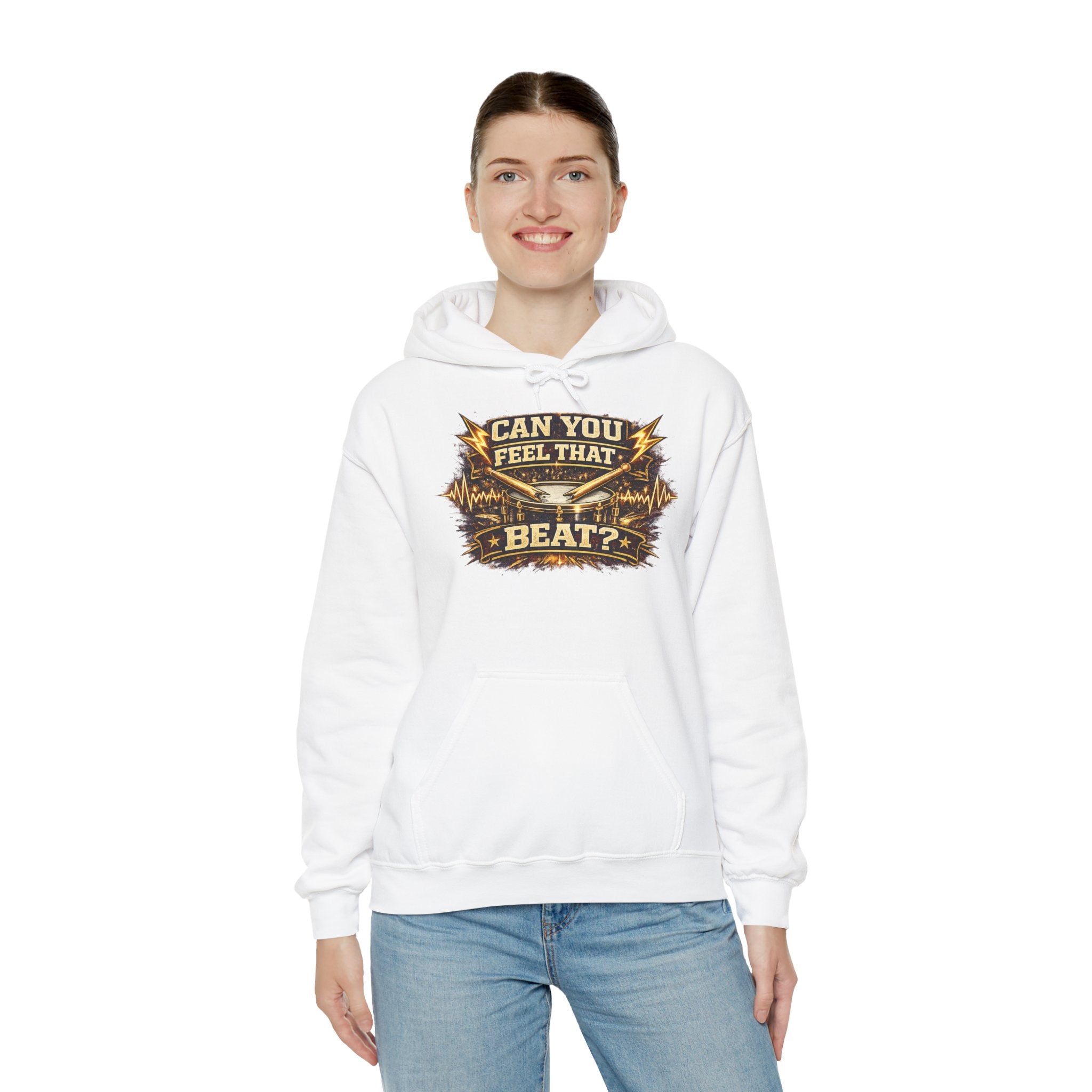 Can You Feel That Beat? Hoodie – Retro Drum & Music Graphic Pullover