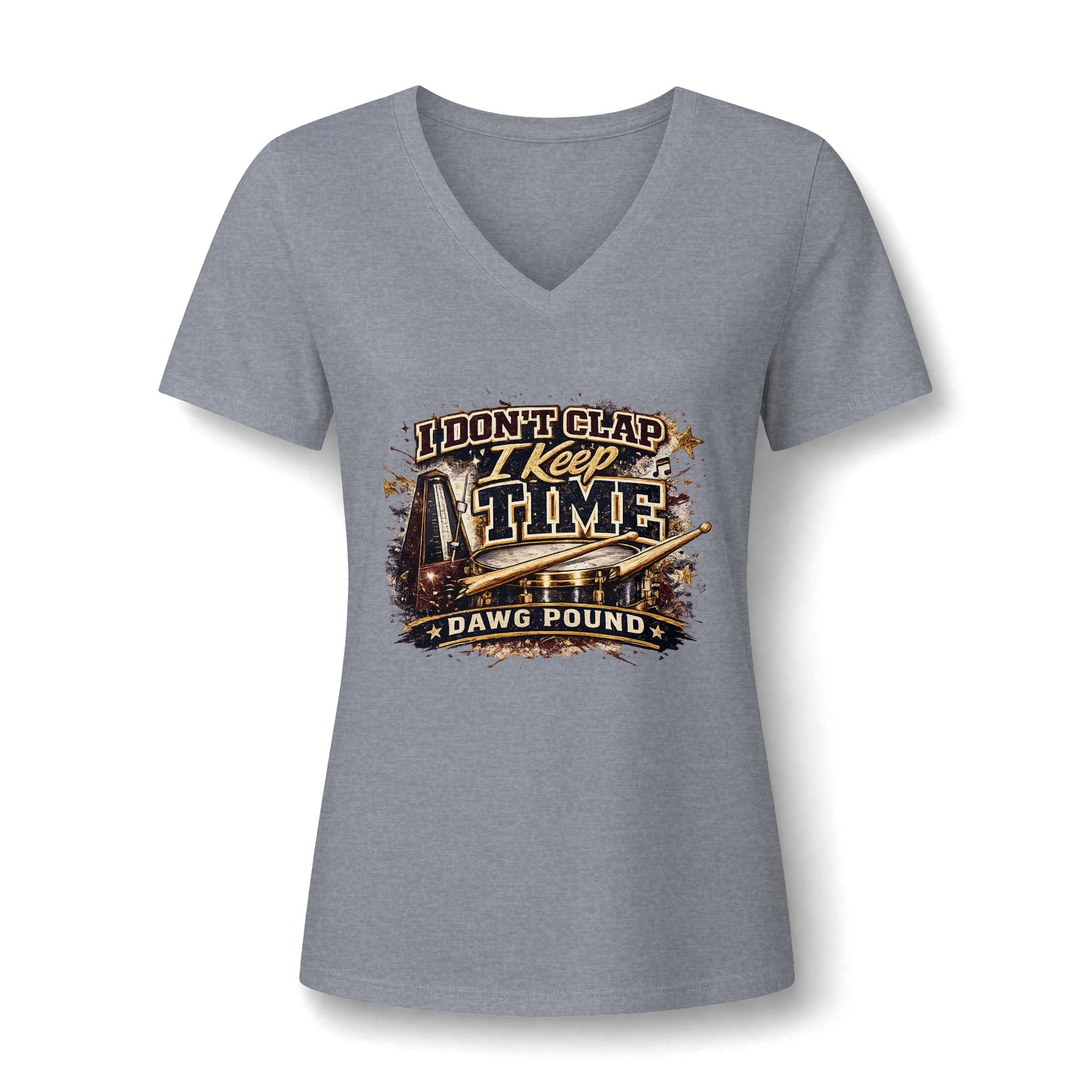 Dawg Pound V-Neck Tee — "I Don't Clap, I Keep Time" Women's Football Fan Shirt