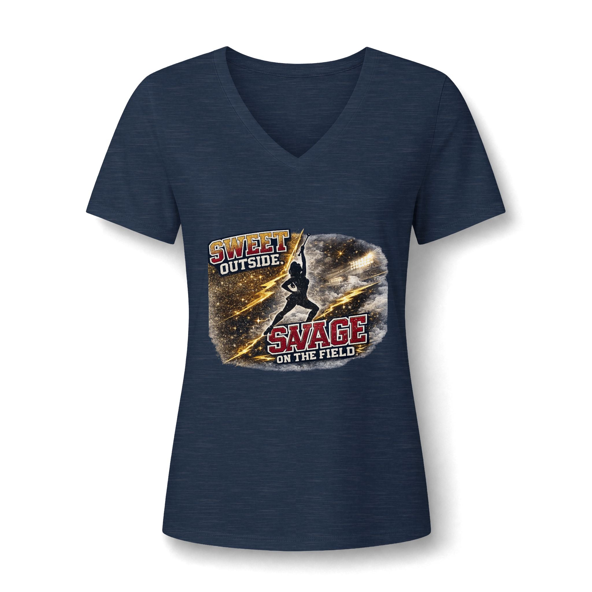 Women's V-Neck Tee — "Sweet Outside, Savage on the Field" Graphic Baseball Softball Shirt