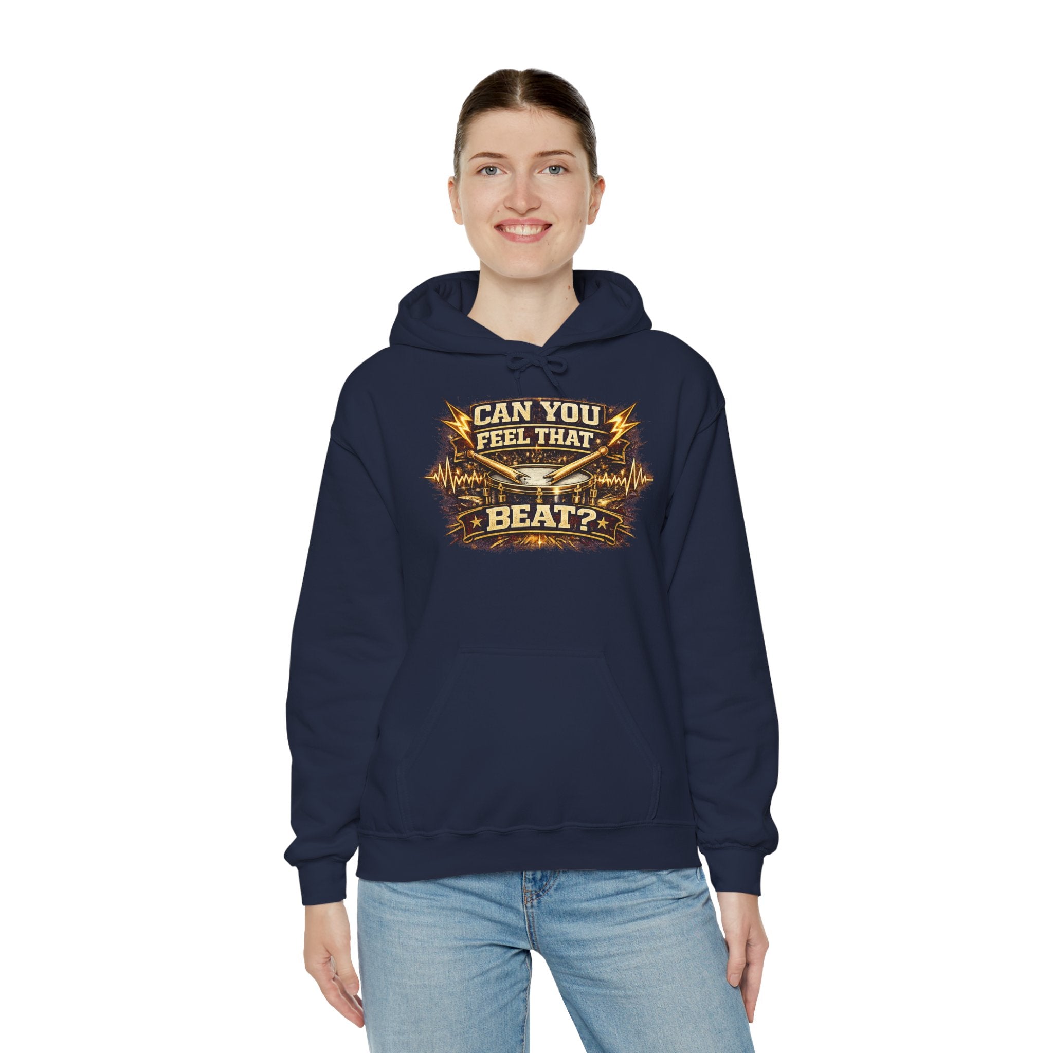 Can You Feel That Beat? Hoodie – Retro Drum & Music Graphic Pullover