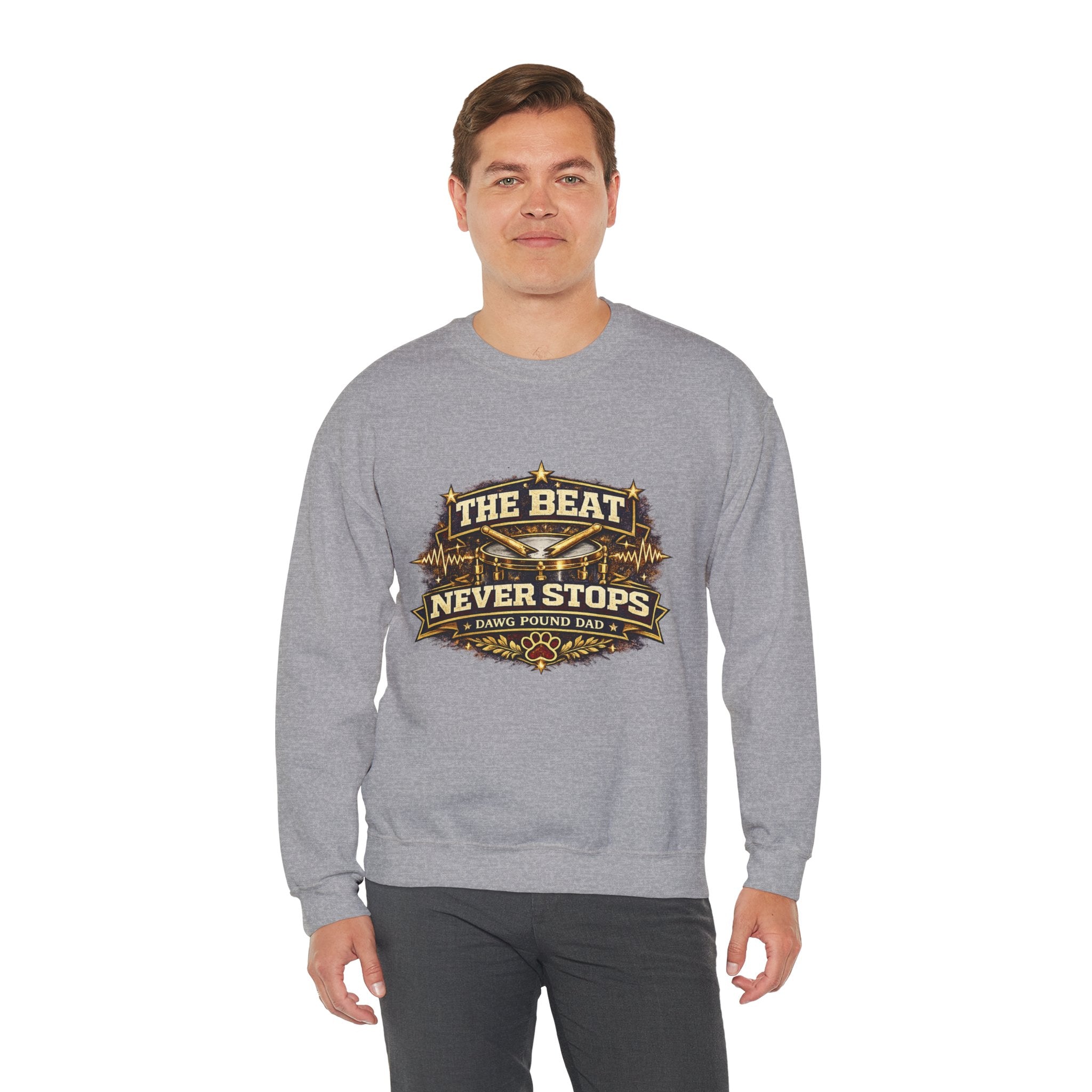 Crewneck Sweatshirt — The Beat Never Stops Retro Music Badge