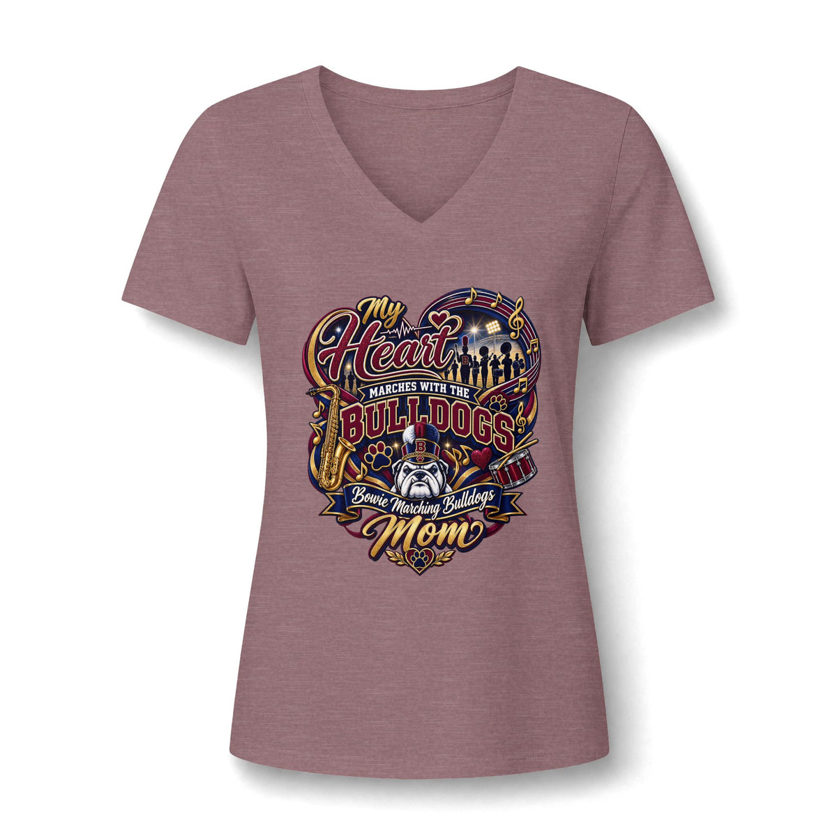 Bulldogs Mom V-Neck Tee - "My Heart Matches With The Bulldogs" Women's Relaxed Shirt