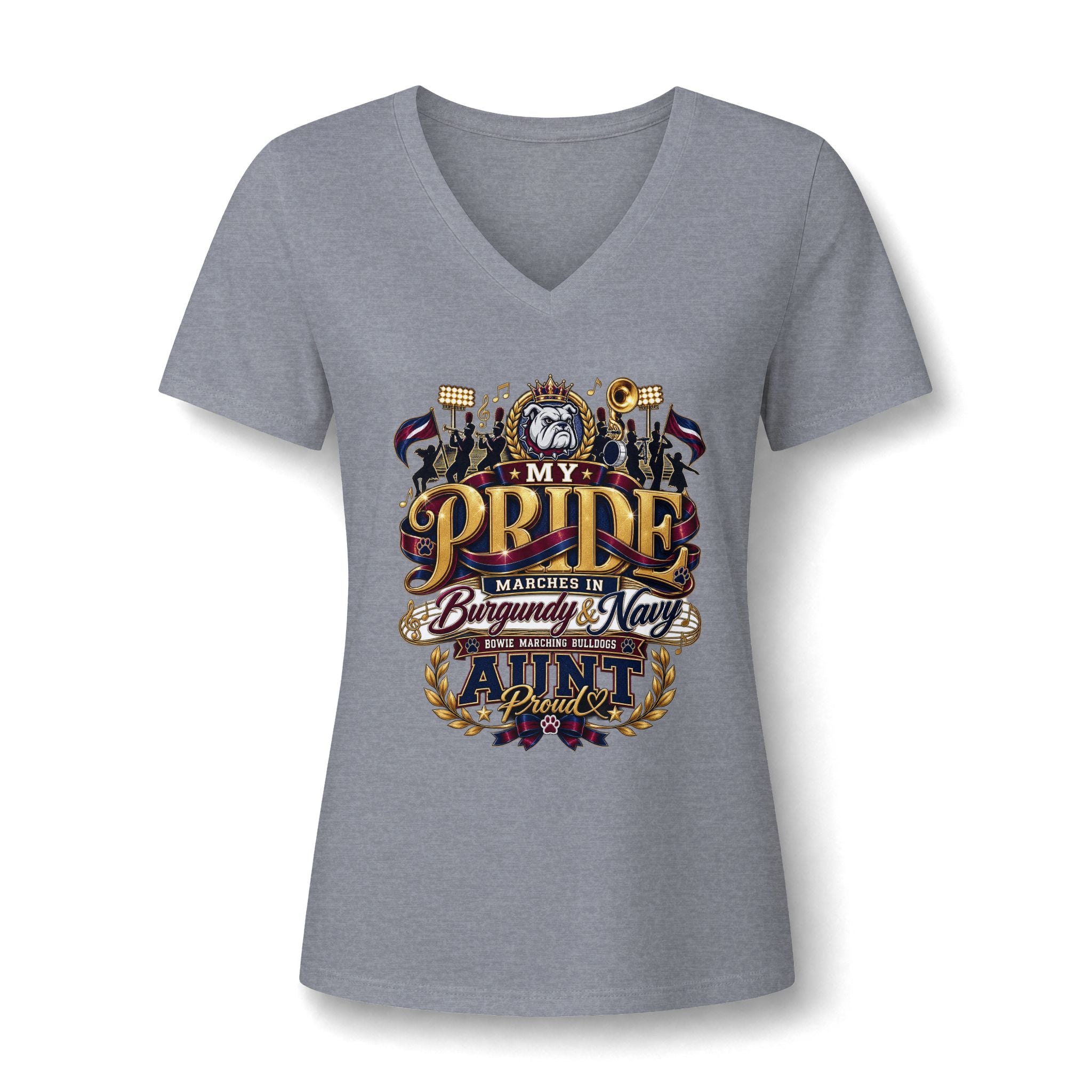 V-Neck Tee — “My Pride Marches in Burgundy & Navy” Aunt Military Family Shirt