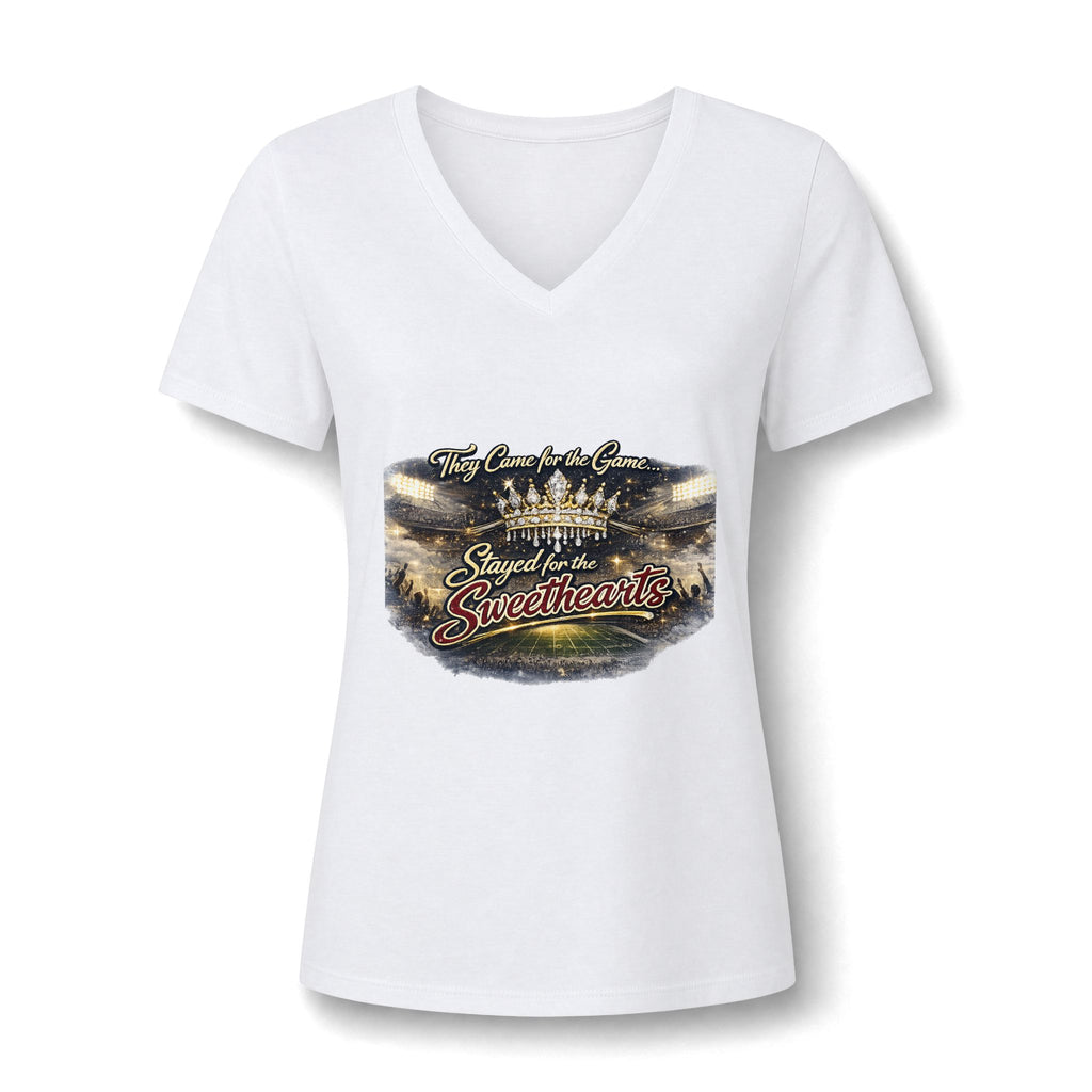 Women's V-Neck Tee — "They Came for the Game, Stayed for the Sweethearts" Football Fan Shirt