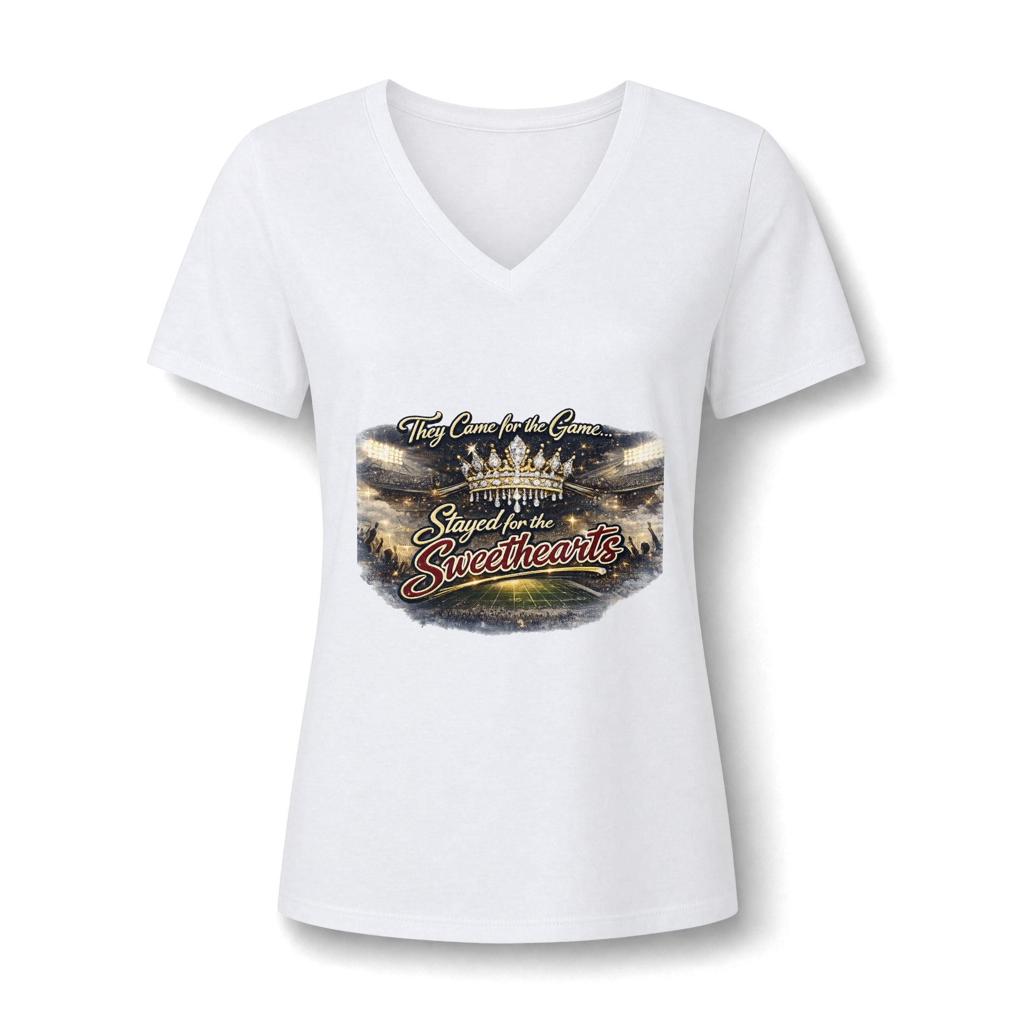 Women's V-Neck Tee — "They Came for the Game, Stayed for the Sweethearts" Football Fan Shirt