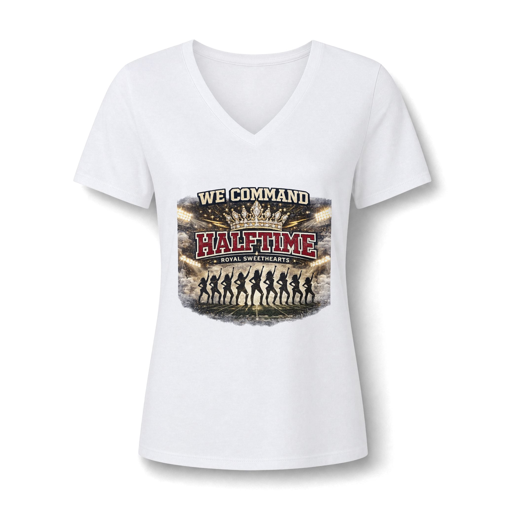 Halftime Dance Team V-Neck Tee — "We Command Halftime" Women's Graphic Shirt