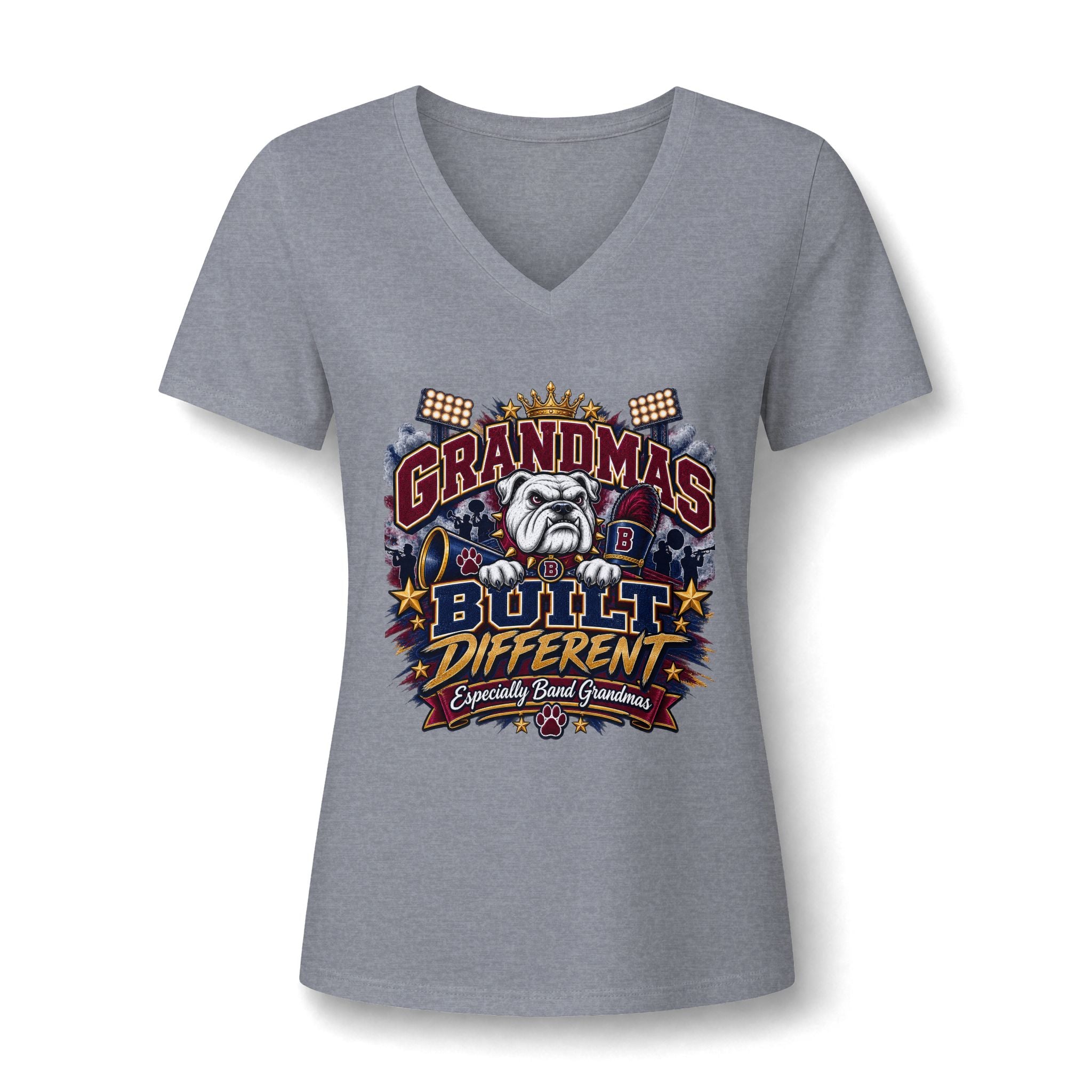 Grandmas Built Different V-Neck Tee — Funny Bulldog Graphic for Proud Grandmothers