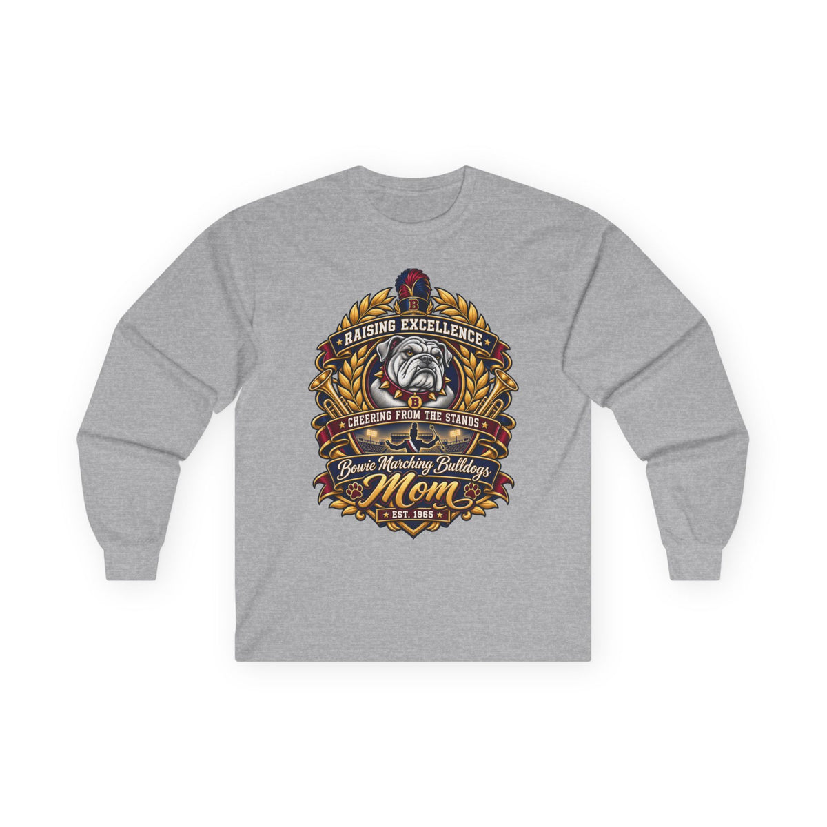 Bulldog Racing Mom Long Sleeve Tee — 'Raising Excellence' Vintage Crest